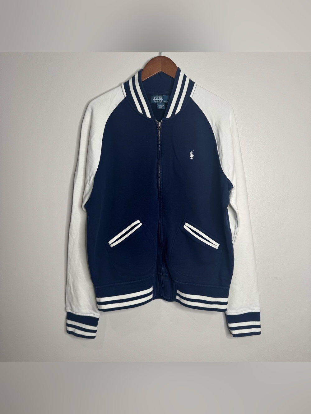 Polo Ralph Lauren Letterman Style Full-zip Jacket Navy Blue White Cotton Large